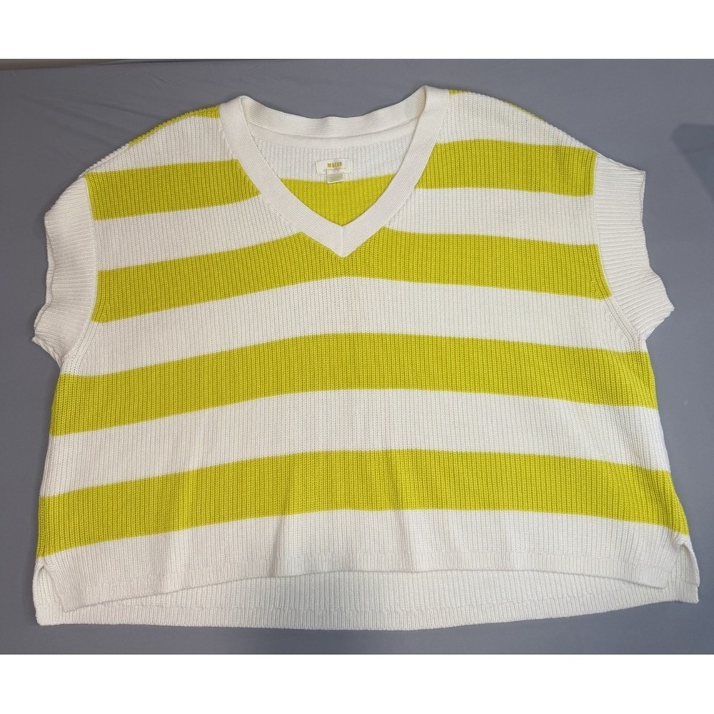 Maeve Anthropologie Yellow White Stripe Boxy V-Neck Sweater Womens Size Medium